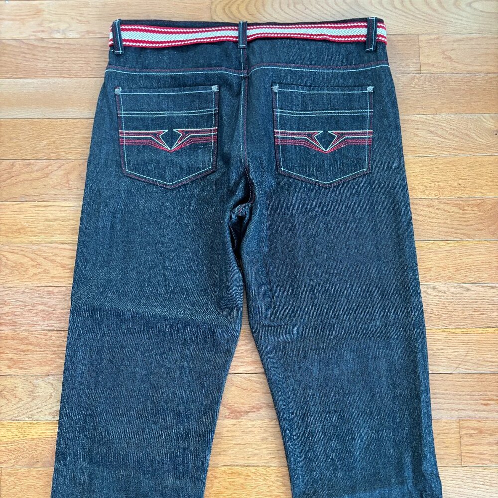 Jinzu Jeans Mens 42x32 Black Embroidered Pockets With Red Belt Baggy Y2K Hip Hop